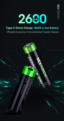Nextorch laddningsbart batteri 18650,2600 mAh, inbyggd laddport Typ-C *