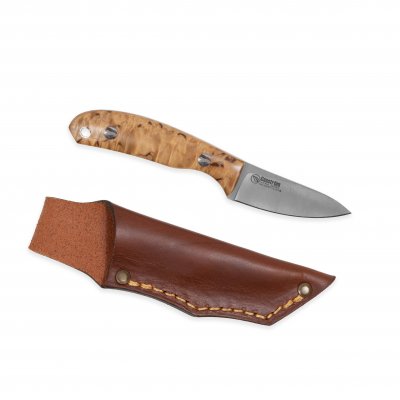 Casström Safari Mini Hunter kniv i stabiliserad masurbjörk, slida i läder
