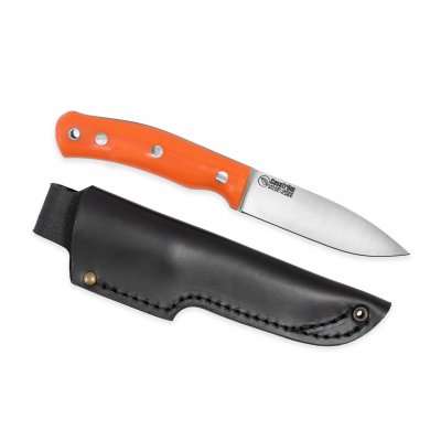 Casström No.10 SFK kniv i orange G10 & rostfritt flatslipad, slida i läder