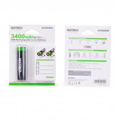 Nextorch laddningsbart batteri 18650,3400 mAh, med inbyggd laddport inkl laddkabel *